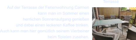 Terrasse Auf der Terrasse der Ferienwohnung Carmen  kann man im Sommer einen  herrlichen Sonnenaufgang genie�en  und dabei einen leckeren Kaffee trinken. Auch kann man hier gem�tlich seinem Vierbeiner beim Spielen zusehen.